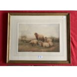 Thomas Sydney Cooper R.A. (1803-1902): Watercolour sheep resting with figure in the field beyond,