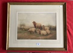 Thomas Sydney Cooper R.A. (1803-1902): Watercolour sheep resting with figure in the field beyond,