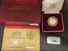 Coins/Numismatics: Royal Mint Queen Elizabeth II 2002 gold proof half sovereign coin, cased with