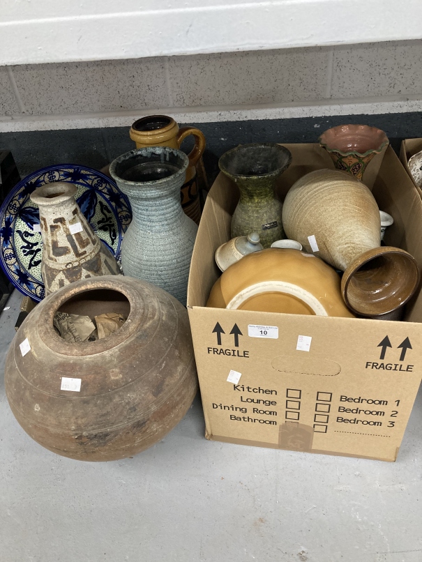 Ceramics: Studio pottery, etc. Various glazed vases, bowls, terracotta pot, etc. (2 boxes)