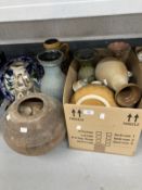 Ceramics: Studio pottery, etc. Various glazed vases, bowls, terracotta pot, etc. (2 boxes)