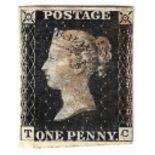 Stamps: GB 1840 SG2 1d black (TC) believed to be plate 5, three good margins RH thinned, WM 2