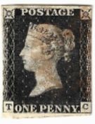 Stamps: GB 1840 SG2 1d black (TC) believed to be plate 5, three good margins RH thinned, WM 2