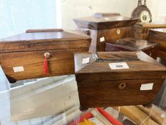 19th cent. Rosewood sarcophagus shaped tea caddy, two mixing containers, a central mixing bowl on