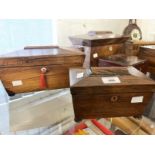 19th cent. Rosewood sarcophagus shaped tea caddy, two mixing containers, a central mixing bowl on