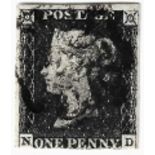 Stamps: GB 1840, SG1 1d intense black (ND) believed to be plate 8, three good margins bottom very