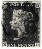 Stamps: GB 1840, SG1 1d intense black (ND) believed to be plate 8, three good margins bottom very