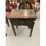 Late 18th/early 19th cent. Oak bible box table, carved top and single drawer on squared supports.