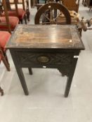Late 18th/early 19th cent. Oak bible box table, carved top and single drawer on squared supports.