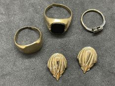 Jewellery: Three 9ct gold rings, one set with two rose cut diamonds plus a pair of clip leaf style