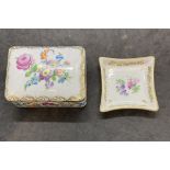 Ceramics: Dresden box and shaped dish both painted with flowers and gold borders marked Dresden,