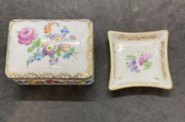 Ceramics: Dresden box and shaped dish both painted with flowers and gold borders marked Dresden,