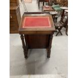 19th cent. Mahogany Davenport, red leather skiver, one concealed box on four drawers to one side.