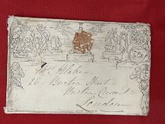 Stamps: GB 1840, unstamped used Mulready envelope cancelled by red Maltese Cross. One quatrefoil