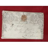 Stamps: GB 1840, unstamped used Mulready envelope cancelled by red Maltese Cross. One quatrefoil