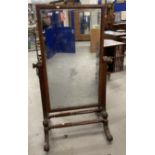 Mid 19th cent. Mahogany framed full length cheval mirror on pedestal supports with twin turned