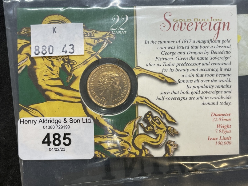 Coins/Numismatics: Elizabeth II 2001 Gold Bullion Sovereign in sealed Royal Mint Bag/Cardboard