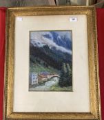 Wynford Dewhurst R.B.A (1864-1941): Pastel, mountain landscape with houses by a river, signed