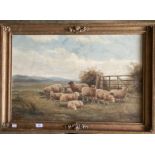 William V. Tippett British (1833-1910): Oil on canvas, sheep resting in a pasture with hills in