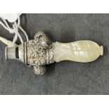 Hallmarked Silver: Mother of pearl rattle and whistle (no teeth marks), Chester 1898.