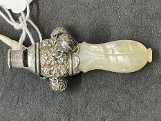 Hallmarked Silver: Mother of pearl rattle and whistle (no teeth marks), Chester 1898.