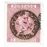 Stamps: GB 1867-74, SG127 5/- pale rose, unable to determine plate number but obliterated with May