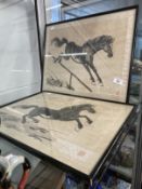 Chinese School: 20th cent. Ink wash paintings on rice paper of running horses in the manner of Xu