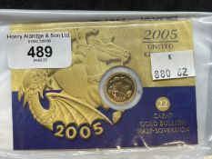 Coins/Numismatics: Elizabeth II 2005 Gold Bullion Half Sovereign in sealed Royal Mint Bag/