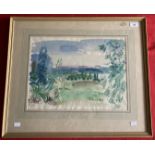 Raul Dufy (After): Pastiche watercolour landscape with church, framed and glazed. 13ins. x 19ins.