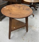 19th cent. Pine cricket table, two piece round top, triangular legs supporting an under shelf with