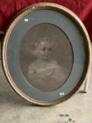 English School: 19th cent. Oval pastel portrait of a young girl wearing a white dress, framed and