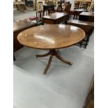 Regency mahogany oval breakfast table on single column and four splayed supports. 52ins.