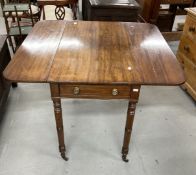 19th cent. Mahogany Pembroke table, single drawer on turned legs. 36ins. x 20½ins. x 28½ins.