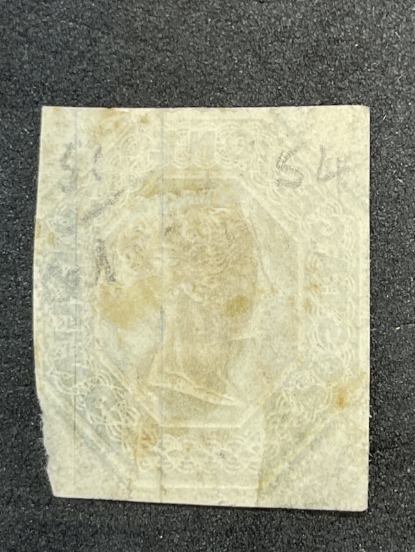 Stamps: GB 1847-54, SG54 1/- (one shilling) pale green, used, dye mark just visible, cut at a slight - Image 2 of 2