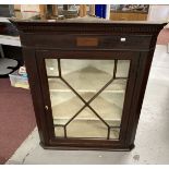 Late 18th cent. Mahogany corner cupboard, dental cornice above a small satinwood inlaid rectangle,