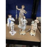 19th cent. German ceramic figurines - two muses, Arts and Music 5½ins. Plus another A/F, 8ins. All