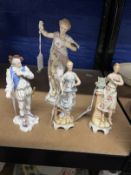 19th cent. German ceramic figurines - two muses, Arts and Music 5½ins. Plus another A/F, 8ins. All