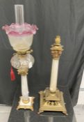 Lighting: Oil lamp on square porcelain base and column with gilt metal mounts, Corinthian capital,