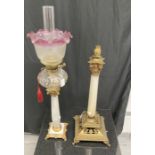 Lighting: Oil lamp on square porcelain base and column with gilt metal mounts, Corinthian capital,