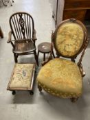 Victorian nursing chair, oval back with turned columns upholstered back and seat on turned legs