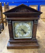 Clocks: 20th cent. Mahogany German mantle clock, architectural style case with pilasters, brass