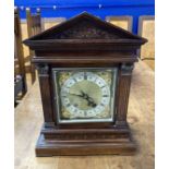 Clocks: 20th cent. Mahogany German mantle clock, architectural style case with pilasters, brass