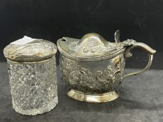 Hallmarked Silver: Georgian mustard pot with blue glass liner and silver and glass container.