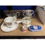 Ceramics: Late 18th cent. Newhall sauce boat 5ins, Spode moulded and flower painted cup and saucer