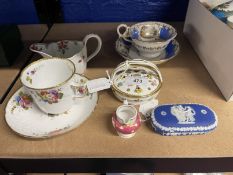 Ceramics: Late 18th cent. Newhall sauce boat 5ins, Spode moulded and flower painted cup and saucer