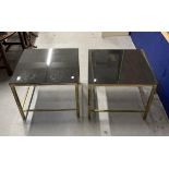 20th cent brass and marble side tables, square brass legs, joined stretcher and drop in marble