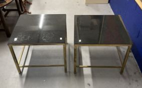 20th cent brass and marble side tables, square brass legs, joined stretcher and drop in marble