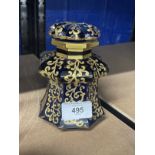 Glass: 19th cent. Bohemian blue glass jar and cover of hexagonal shape with gilt scrolling