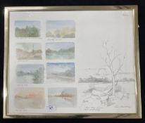 Robin Armstrong 1947 watercolour and pencil eight views of lakes and a pencil sketch, signed in