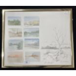 Robin Armstrong 1947 watercolour and pencil eight views of lakes and a pencil sketch, signed in